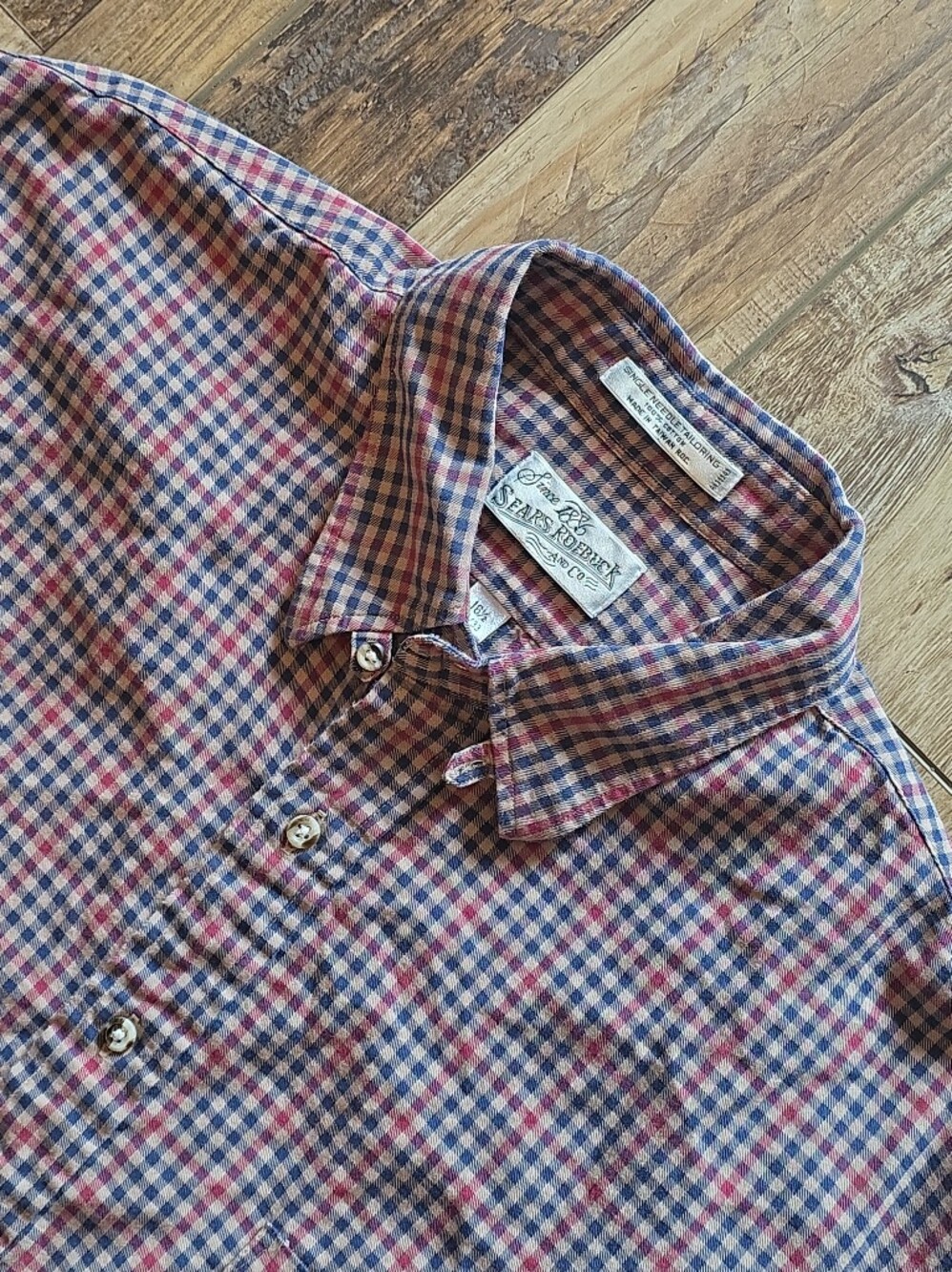 Sears Roebuck - Single Needle Tailoring Plaid Shirt - 16.5 - Navy Red Tan